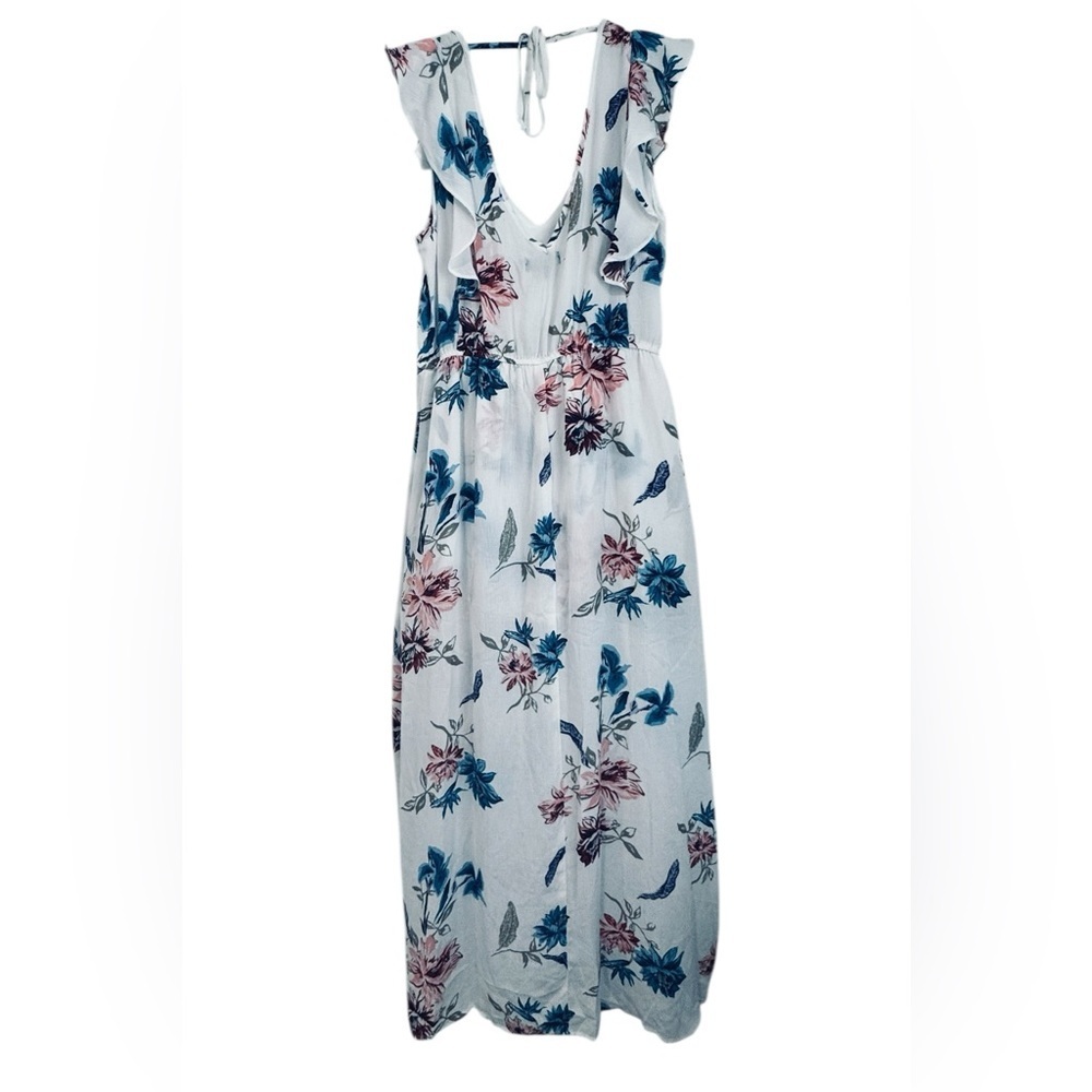 Trixxi Floral Romper Dress White Blue Pink Ruffle Sleeve Open Back Size XL